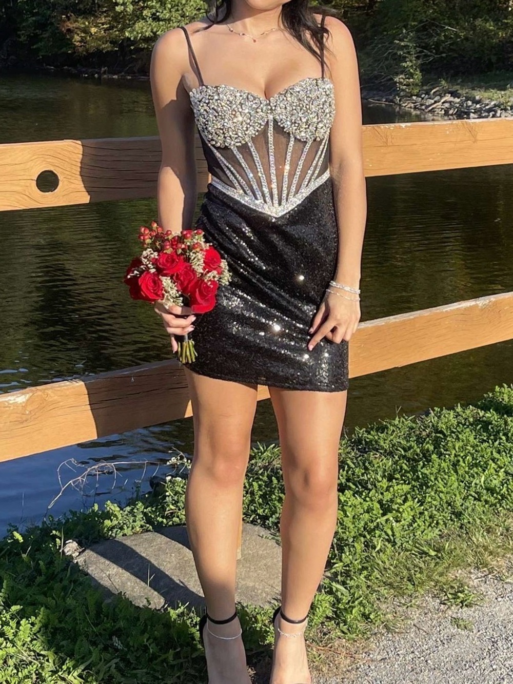 Jovani Black Sequin Mini with Silver Crystal Corset
